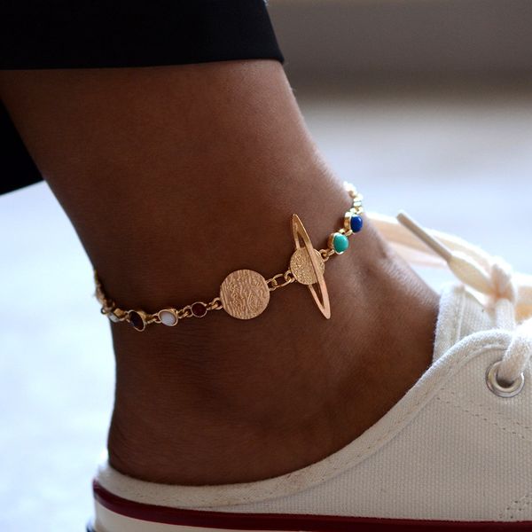 

s1493 fashion jewelry eight planets of the solar system universe elements bracelet colorful planet retro pattern chain bracelet anklet, Golden;silver