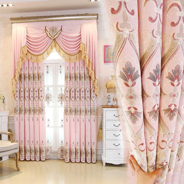 

european style curtains for living dining room bedroom chenille fabric embroidery pink curtains finished product customization