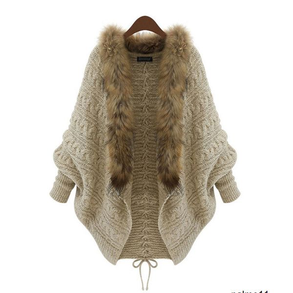 

womens дизайнер свитер рыхлого большого размера вязать кардиган летучей мыши рукав мехового воротник свитера пальто 20zh, White;black