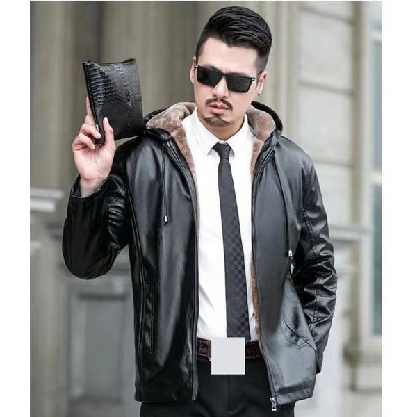 

2019 winter new long thick hooded skorzana kurtka detachable cap good quality leather jacket hooded men, Black
