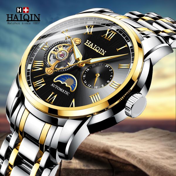 

new haiqin mechanical watch men automatic classic gold sport watch leather mechanical wrist watches reloj hombre 2019, Slivery;brown