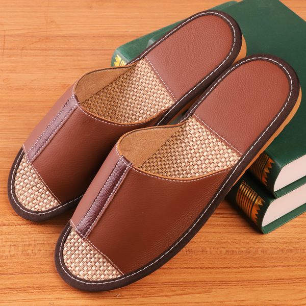 

men's summer genuine leather indoor slippers anti-slip soft breathable couples' home slippers women's casual, Blue;gray