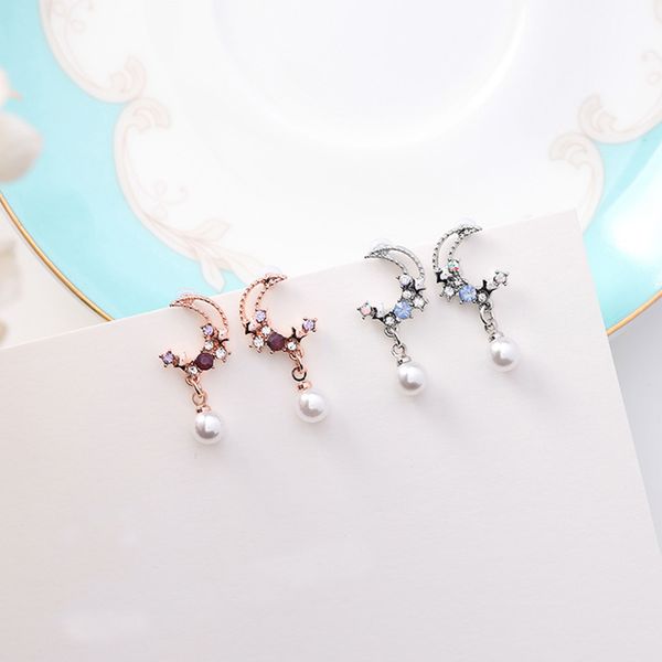 

mengjiqiao korean new lovely moon star asymmetry drop earrings for women colorful rhinestone simulated pearl pendientes, Silver