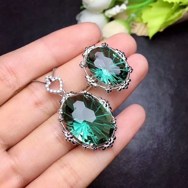 

meibapj shining natural green crystal jewelry set real 925 sterling silver ring necklace fine siut wedding jewelry, Black