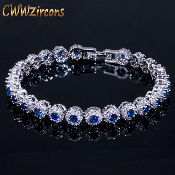 

cwwzircons new arrival white gold color flower chain link royal blue crystal women bracelet with cz zirconia stones cb066, Golden;silver