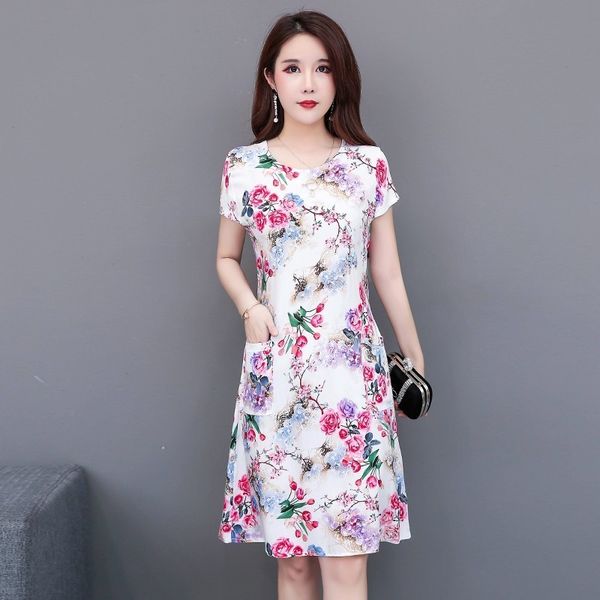 

summer dress a-line size promotion vestidos mujer women dresses vanled round neck short-sleeved cotton printed slim belt l-4xl, Black;gray