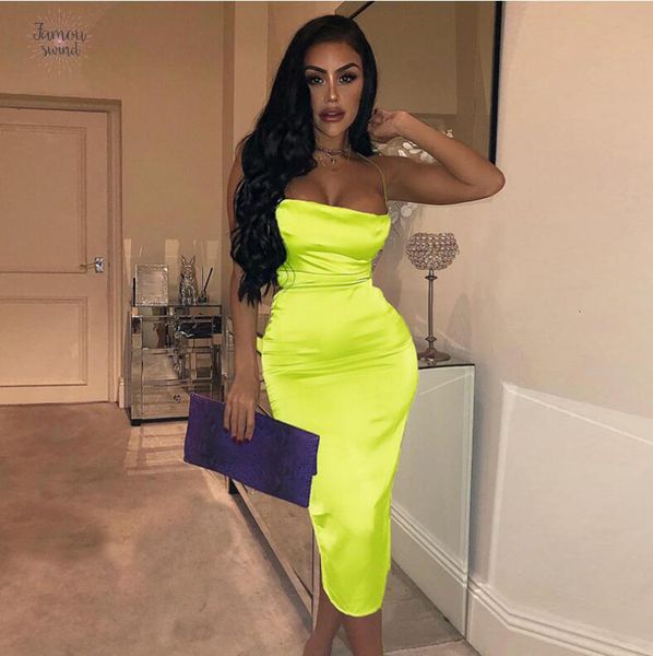 

dresses straps high waist neon green silk backless 2019 summer fashion women party streetwear solid, Black;gray