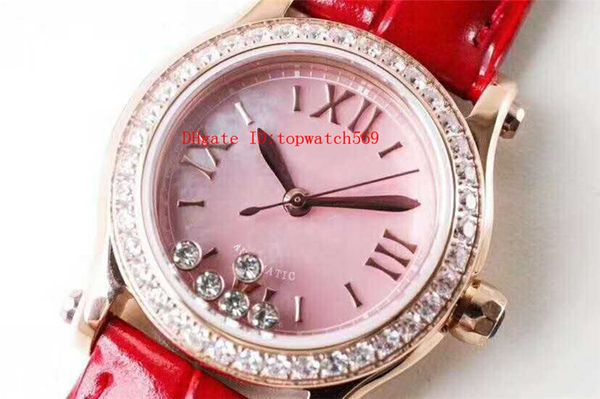

tw factory happy diamonds watch ladies watch swiss cal.6t28 automatic 28800 vph mother-of-pearl dial 18k rose gold case leather strap, Slivery;brown
