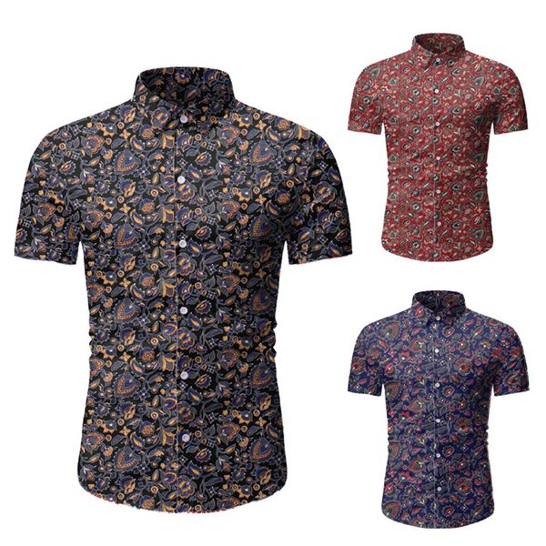 

men casual summer printed button short sleeve hawaiian shirt blouse camisa social masculina plus size chemise homme shirts, White;black