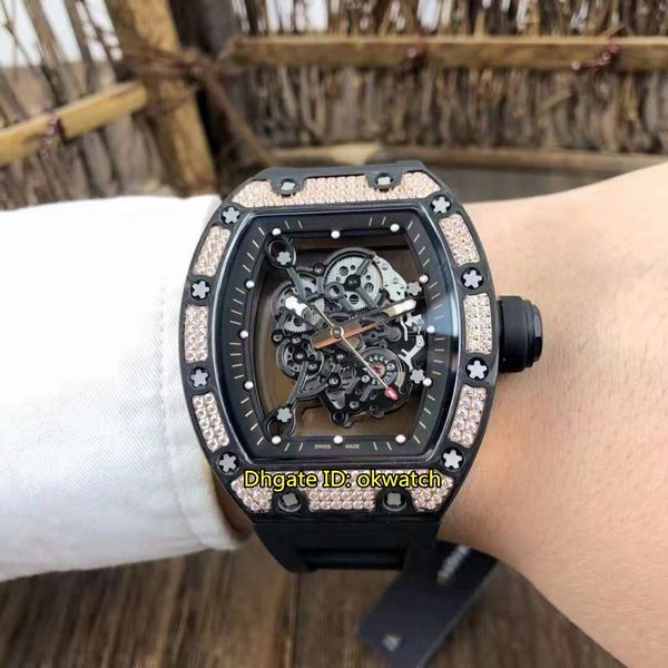 

watch rm055 bubba watson rose gold carbon tpt diamond automatic mens watch diamonds case skeleton dial rubber strap gents watches, Slivery;brown