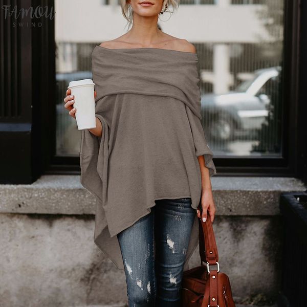 

womens off shoulder asymmetric overlap solid poncho pullover fashion long clothing ladies casual fall t shirt, White