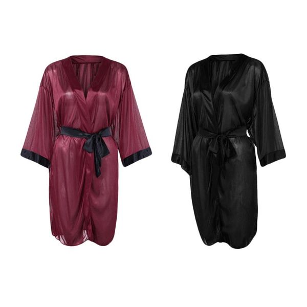 

women translucent sleepwear set faux silk half sleeve short kimono bath robe solid color nightgown with g-string satin sash, Black;red