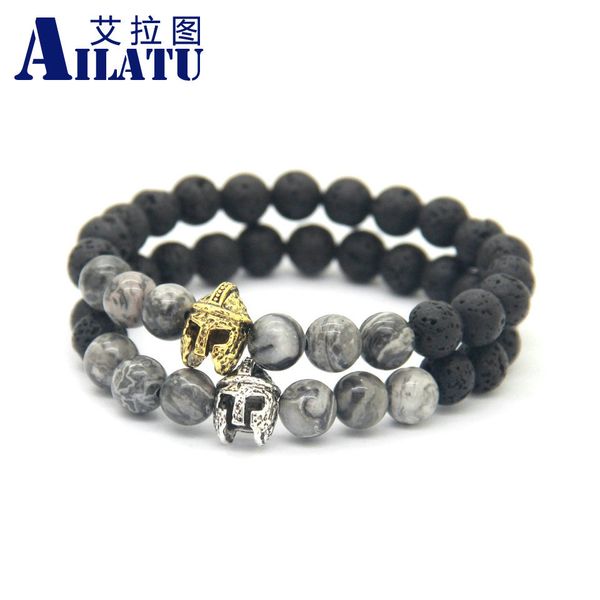 

ailatu new roman spartan warrior helmet bracelet for men with 8mm natural stone beads, Golden;silver