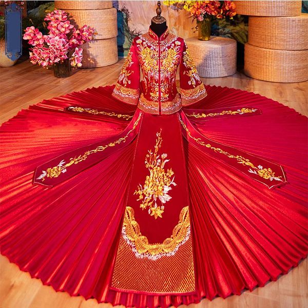 

satin bride marriage pleated dress suit embroidery floral women 3/4 sleeve cheongsam vintage button costume oriental qipao, Red