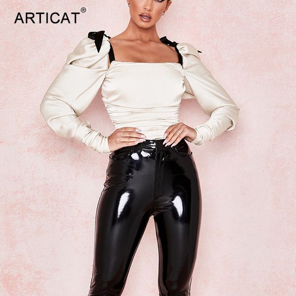 

articat elegant lace up square neck satin bodysuit women puff sleeve backless ruched romper female 2020 summer female streetwear, Black;white