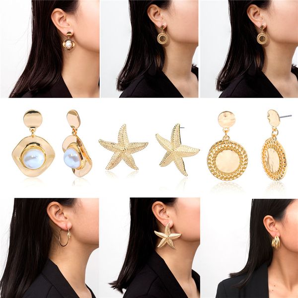 

new bohemian geometric drop earrings for women fashion gold color irregular circle starfish pearl dangle earring statement jewelry xr, Silver