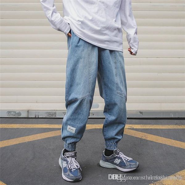 

mens designer casual washed jeans tooling solid color loose hip hop style hoome girdle, Blue