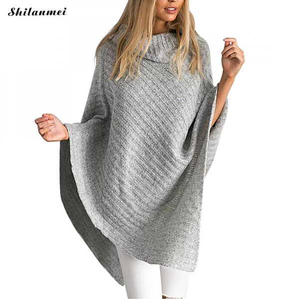 

winter vintage turtleneck knitted sweater women poncho irregular pullover female streetwear winter batwing knit sweater jumpers, Black