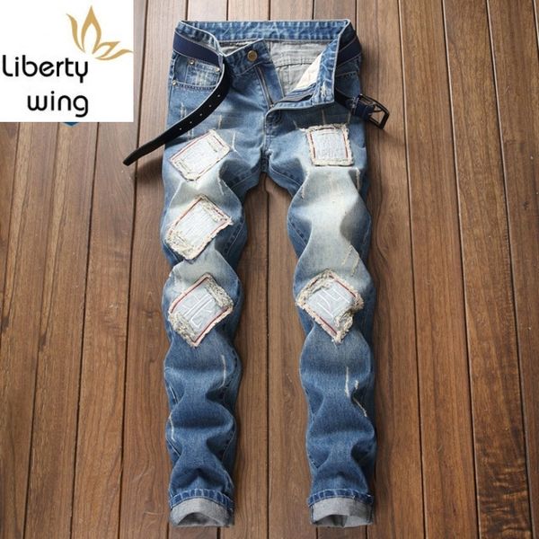 

new mens jeans american slim fit straight zipper embroidery denim hip hop pants male vintage ripped washed trousers plus size 40, Blue