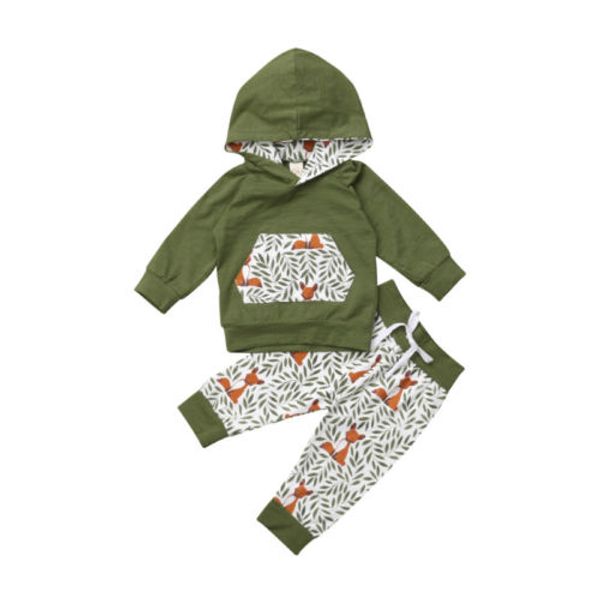 

2pcs set baby girl boy clothes long sleeve cartoon floral fox hooded sweatshirt +long belt patchwork pants newborn outfit, White