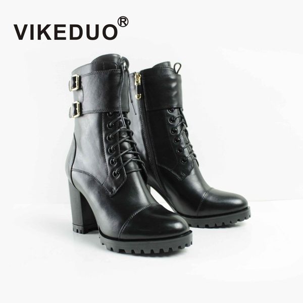 

vikeduo fashion ladies high heel boots ankle genuine leather shoes women lace-up black handmade bota feminino botines mujer 2018