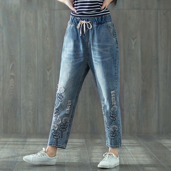 

ewq] new summer autumn jeans 2019 fashionhole embroidery elastic waist drawstring jeans big size loose denim women pants qd162, Blue