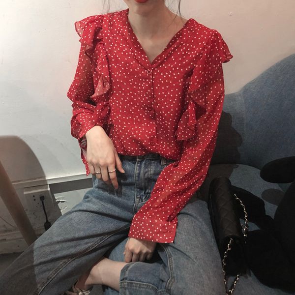 

vintage women's clothing blouses v-neck oversize ruffles shirts polka dot spring chiffon woman blusas mujer de moda new, White
