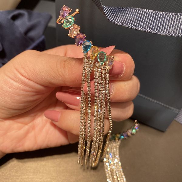 

korean jewelry color drop-shaped zircon tassel woman earrings 925 silver needle ear bone clip gold earrings long stainless steel, Golden;silver