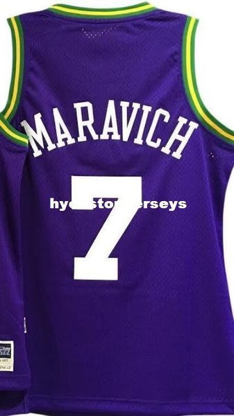 

#7 pete 'pistol' maravich sewn purple hwc vintage jersey mens vest size xs-6xl stitched basketball jerseys, Black;blue