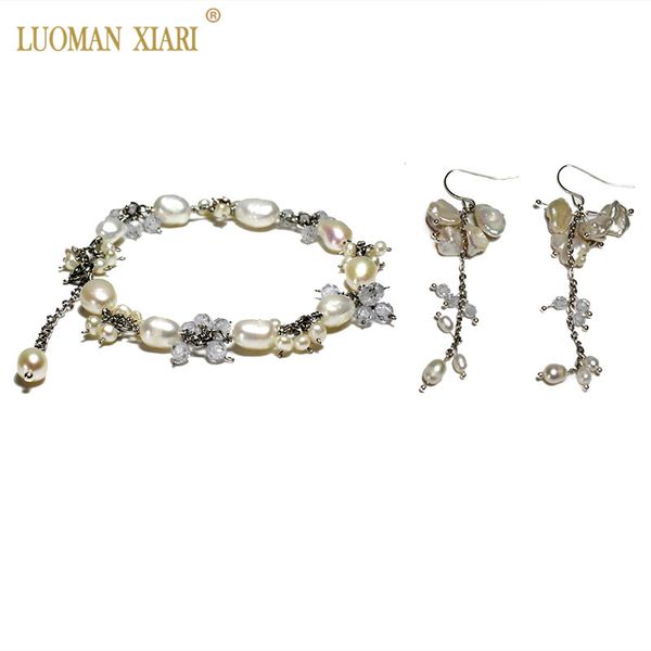 

wholesale silvery 100% natural baroque pearl jewelry set zircon pearl bracelet earrings for women girls gift, Silver