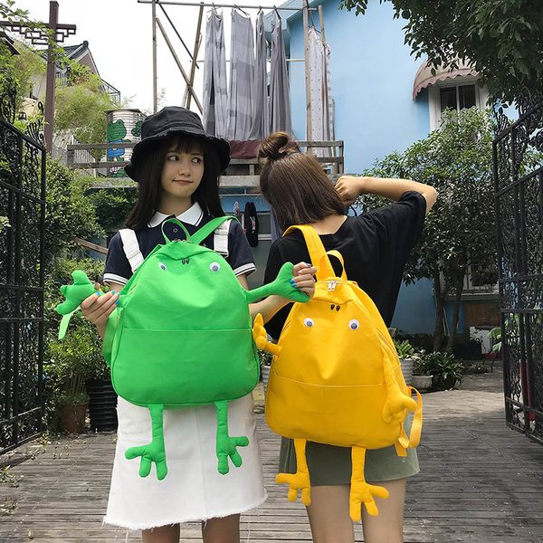 

new canvas backpack cute girl frog bag personality creative travel backpack large capacity student pure color trendy school bag