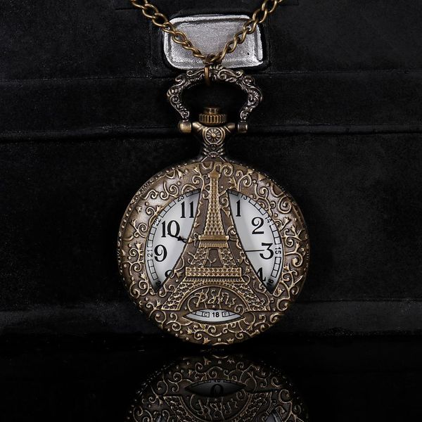 

royal goods france eiffel tower hollow out vintage bronze fob pocket watch arabic number dial pendent watch with necklace chain, Slivery;golden