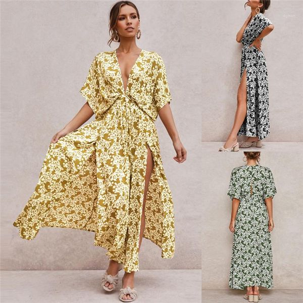 

женская bohemian платья изящные женщины одежда цветочный печати женская повседневные платья sexy глубокий v шеи split выдалбливают, Black;gray