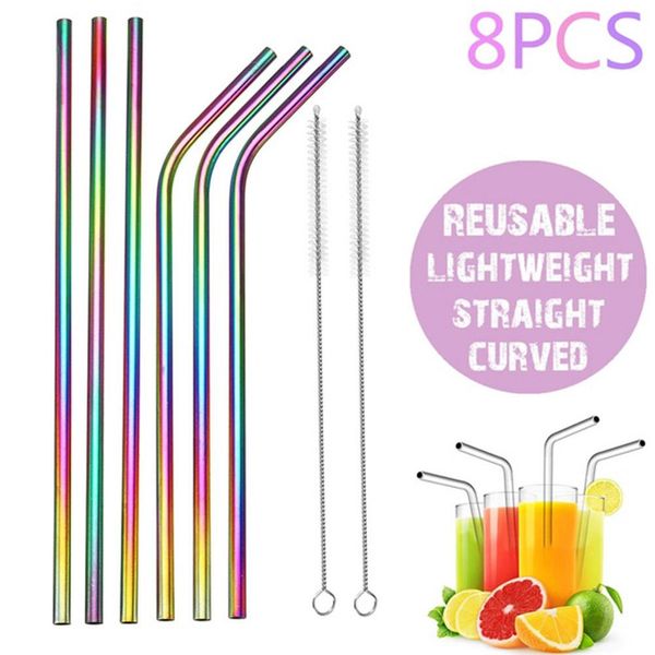 

8pcs 6mm reusable protable travel rainbow straight curved drinking straw stainless steel cutlery with cleaning brush bar tools