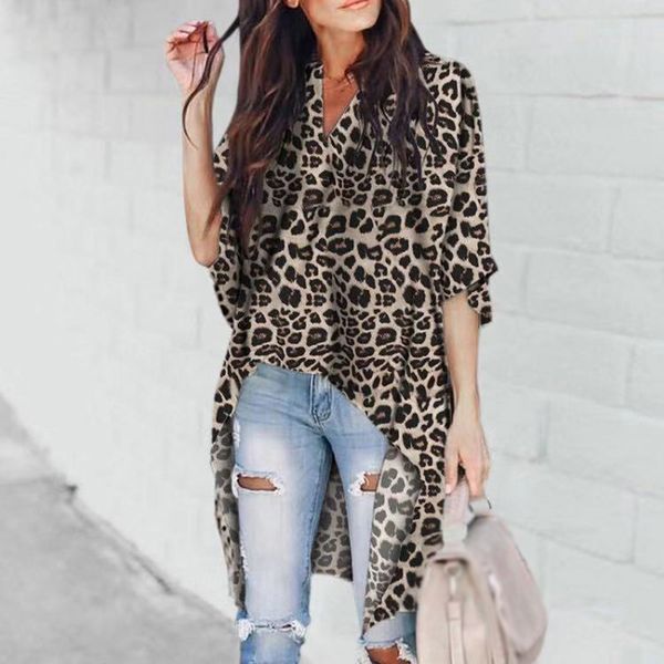 

fashion womens irregular leopard blouse long sleeve long tailed dress, White