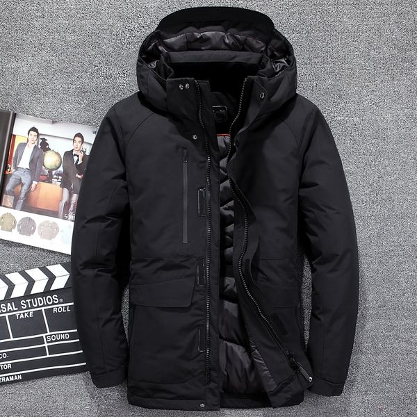 

men's winter jacket thick windproof snow parka overcoat white duck down -40c warm jacket men wind hooded down coat, Black