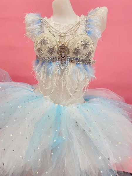 

stage wear women luminous dance costume blue feather rhinestones bra mini skirt outfit bar club rave festival party dj led, Black;red