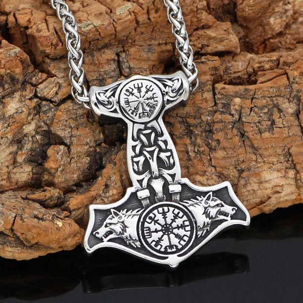 

nordic viking stainless steel thor hammer mjolnir odin wolf vegvisir pendant necklace with valknut gift bag, Silver