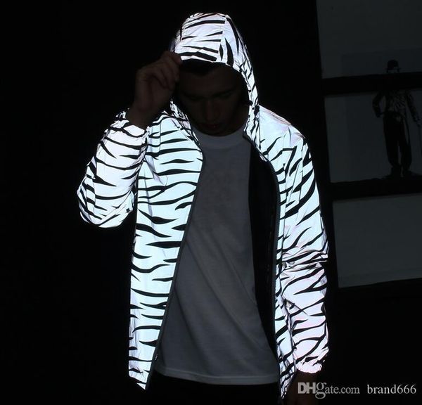 

2017 tide brand men jacket casual hiphop windbreaker 3m reflective jacket tide men coat hooded zebra fluorescent clothing, Black;brown