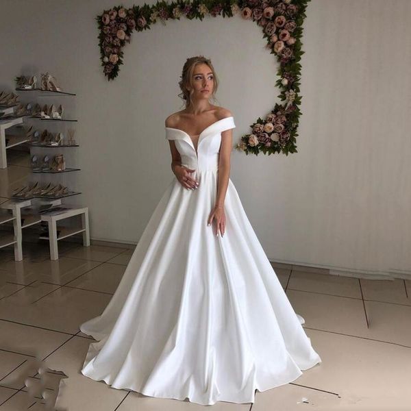 

simple custom made off shoulder short sleeves wedding dresses 2020 lace up back sweep train satin a line wedding bridal gowns 04, White
