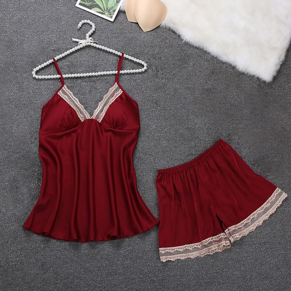 

burgundy women strap shorts female satin intimate lingerie pajamas set lace sleepwear kimono gown 2pcs sleep set, Black;red