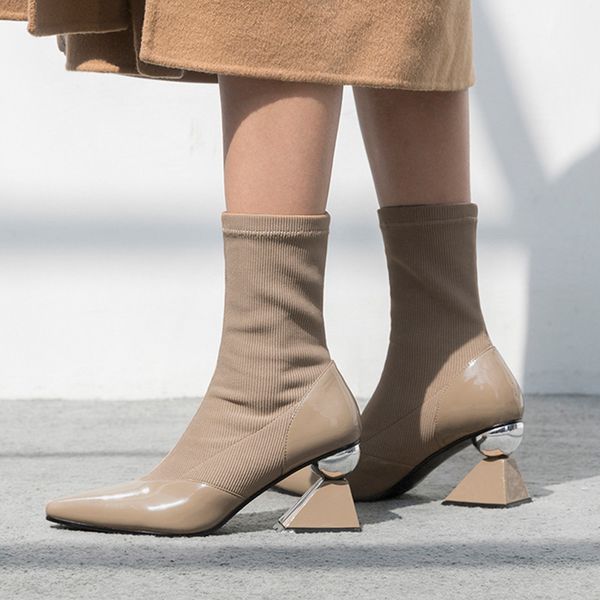 

apricot women short winter boots elastic sock ladies booties pointed toe stretch fabric botines mujer 2018 black leather botas