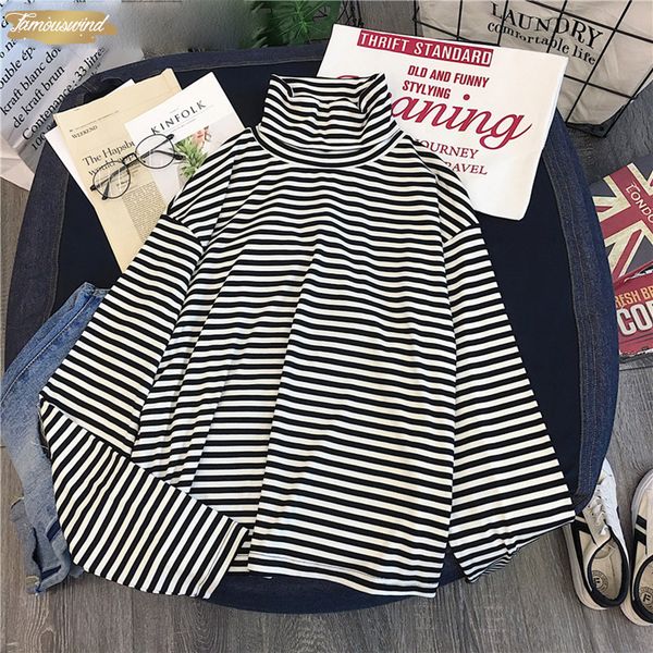 

fall winter sweater pinstripe striped render shirt turtleneck oversize pinstripe basic unlined upper garment drop shipping, White;black