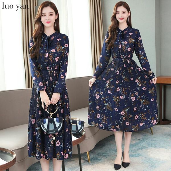 

2020 vintage floral chiffon boho midi dress autumn winter plus size print long sleeve dress elegant women bodycon party vestidos, Black;gray