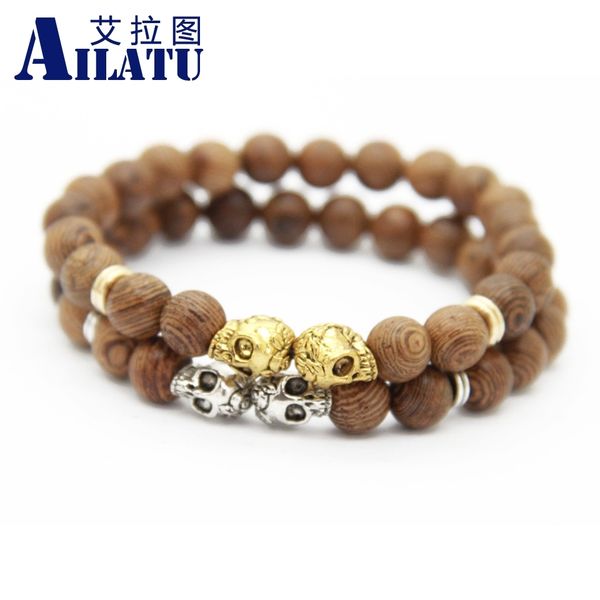 

ailatu 10pcs/lot new products wholesale double skull wooden bracelet, Golden;silver