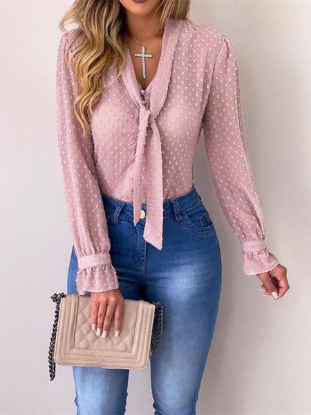 

2020 summer women elegant brief mesh pink basic office work style leisure blouse tied button detail dots casual shirt, White