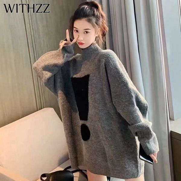 

withzz half turtleneck sweater women's loose coat autumn winter long knitted pullover sweater, White;black