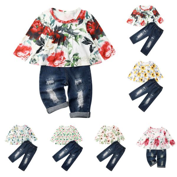 

18 months to 6 years toddler baby kid girl dress t-shirt+denim ripped pants outfit clothes set, White