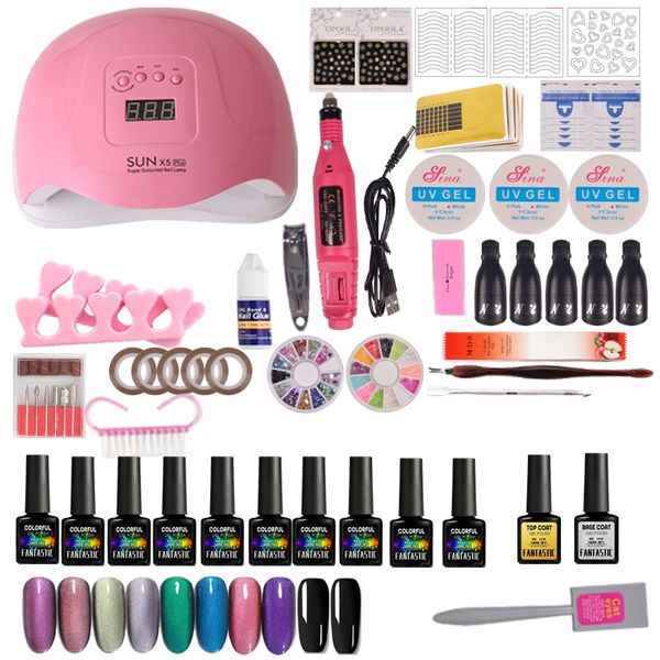 

10 gel varnish acrylic nail kit manicure machine handle set 36w/48w/80w led nail lamp for nails manicure set kit gel polish