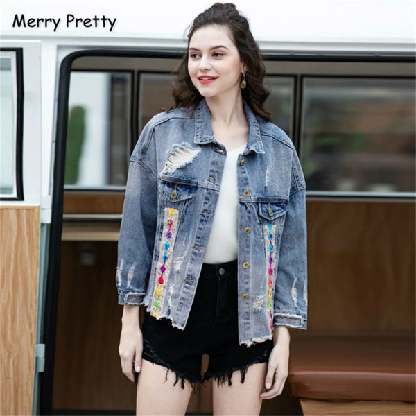 

merry pretty women embroidery denim jacket 2019 autumn long sleeve turndown collar sequines jeans jacket streewear outerwear, Black;brown